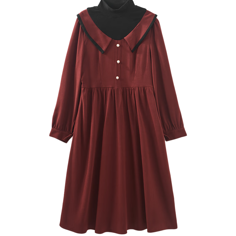 DME "Balman Rose" Spring and Autumn Design Commuter Half High Neck Petite Pearl Button Waist Slimming Women's Dress