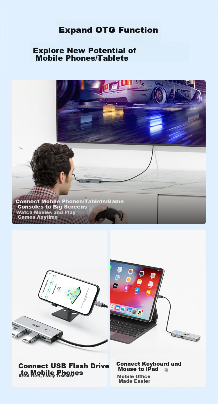 Acer Type-C 8-In Expansion Dock USB3.0 Hub HDMI Compatible with Huawei Android Laptops MacBook Converter with Card Reader Adapter 11