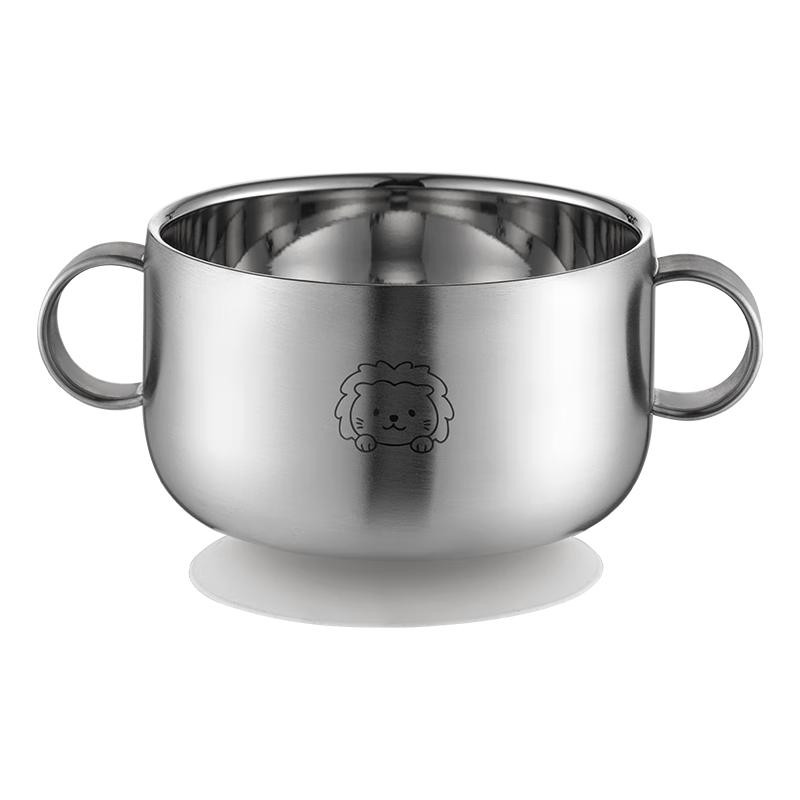 Onlycook 316L Stainless Steel Double-Handle Covered Baby Food Bowl with Suction Base, Infant And Toddler Tableware - Lion Design 550ml