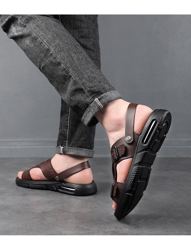 PLAYBOY Leather Sandals for Men, Summer Casual Beach Shoes, Breathable Slippers for Outdoor Wear, Dark Brown, Size 43 4