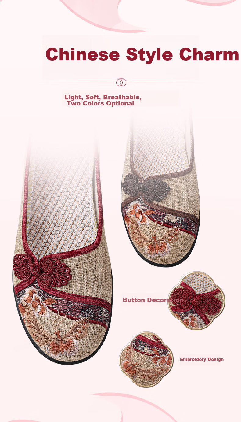 BUS HEYUAN Soft Sole Breathable Flats with Buckle, Mom Shoes, Slip-On Shoes, Traditional Beijing Cloth Shoes for Women 510-1332 Red 35 2