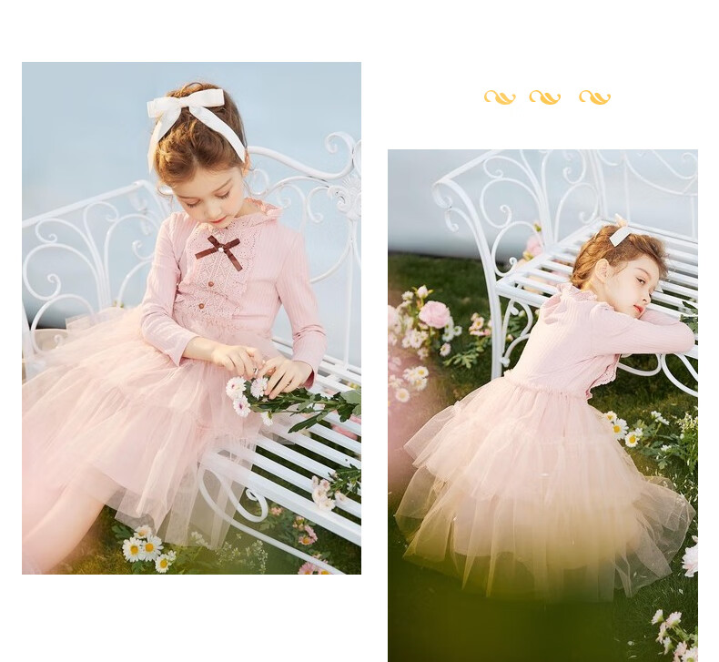 Follow Me Girls' Dress Spring And Autumn Sweet Tulle Knit Dress for School Performances, Pink, Size 150 11