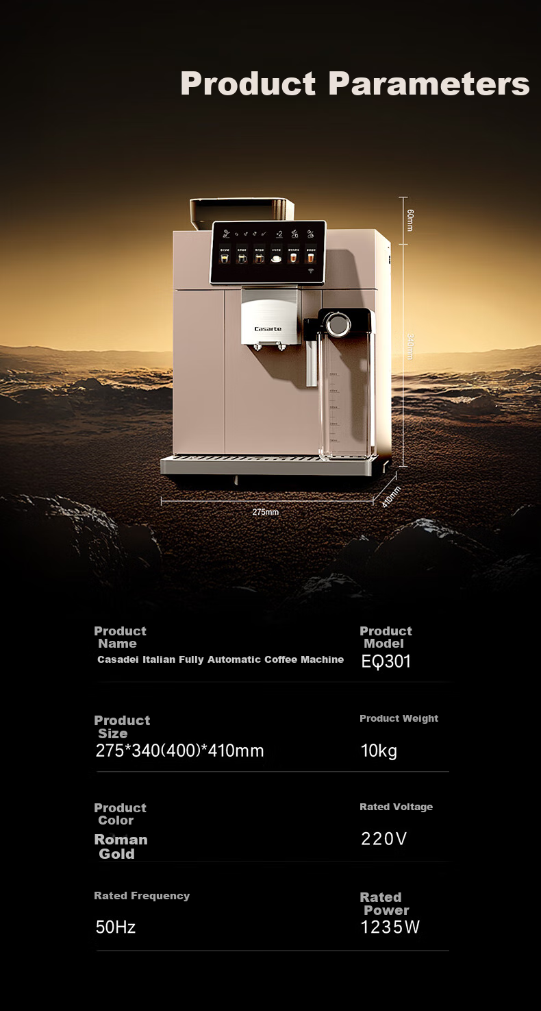 Casarte Casarte Gold Cup Pro Italian Fully Automatic Coffee Machine for Home/office, 19bar Pump Pressure Grinding All-In Machine, AI Intelligent Extraction, Automatic Milk Frother, Bean Grinder with Touch Control EQ301E 15