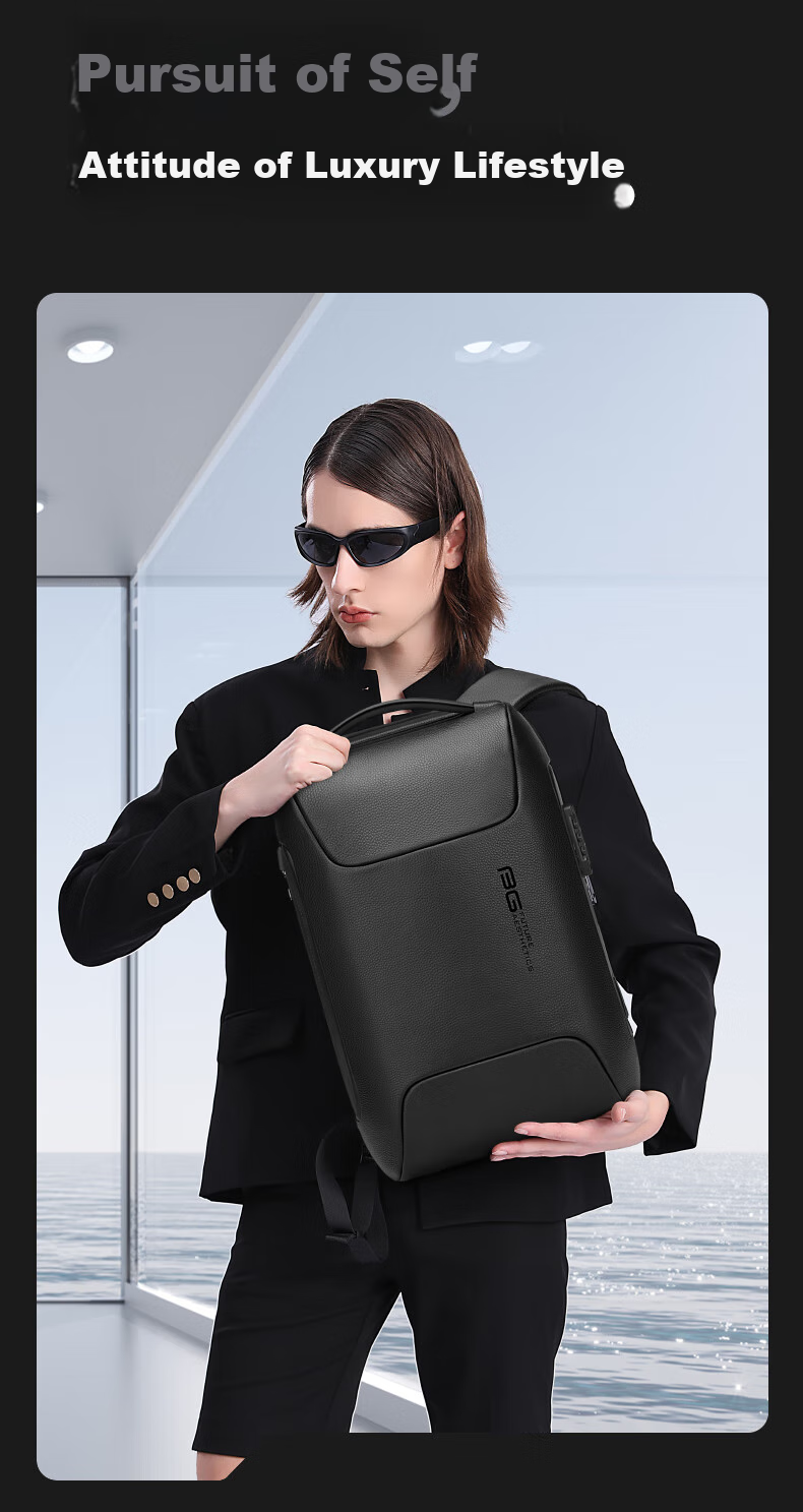 Bange Genuine Leather Backpack for Men, Simple Business Style, 15.6-Inch Laptop Bag, Travel Bag, 520 Gift, 6622 Black 4