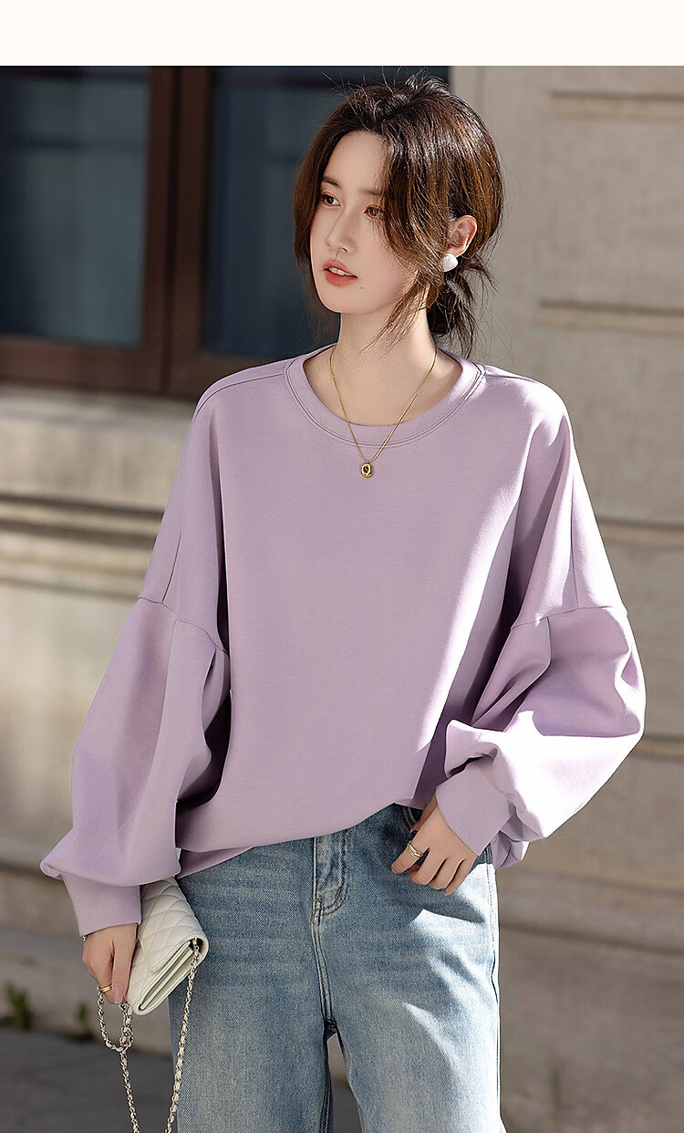 Dme [350G Air Layer] Spring Simple Round Neck Lantern Sleeve Loose Fit Slimming Sweatshirt Women's Top 9