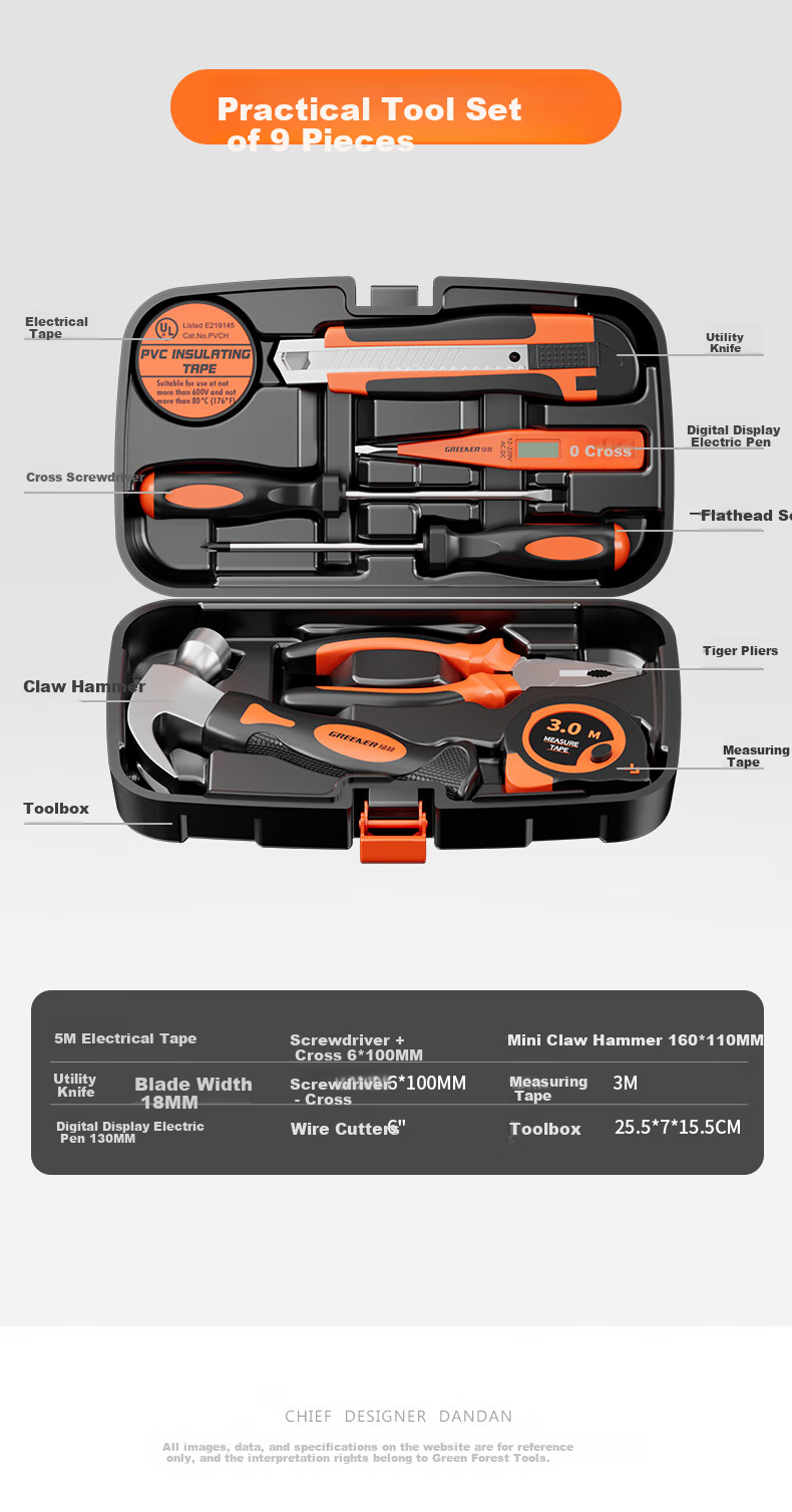 GREENER Household Tool Kit Set Including Electrician Hardware Tools, Screwdrivers, Repair Pliers, And Tape Measure 7