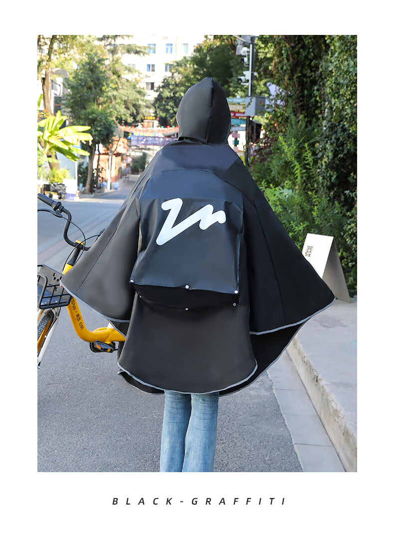 ENGMARSS ENGMARSS Bicycle Raincoat Poncho for Middle School Students And Adults, Men And Women, with Backpack Space - Black Graffiti 13