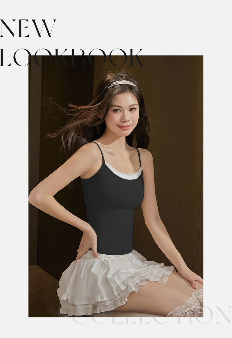 MiiOW Women's Camisole Tank Top for Summer, Sweet And Sexy Two-Piece Design, Black And White Inner Layer with Chest Pads, Conceals Side Boob, Can Be Worn As Outerwear Or Undershirt 14