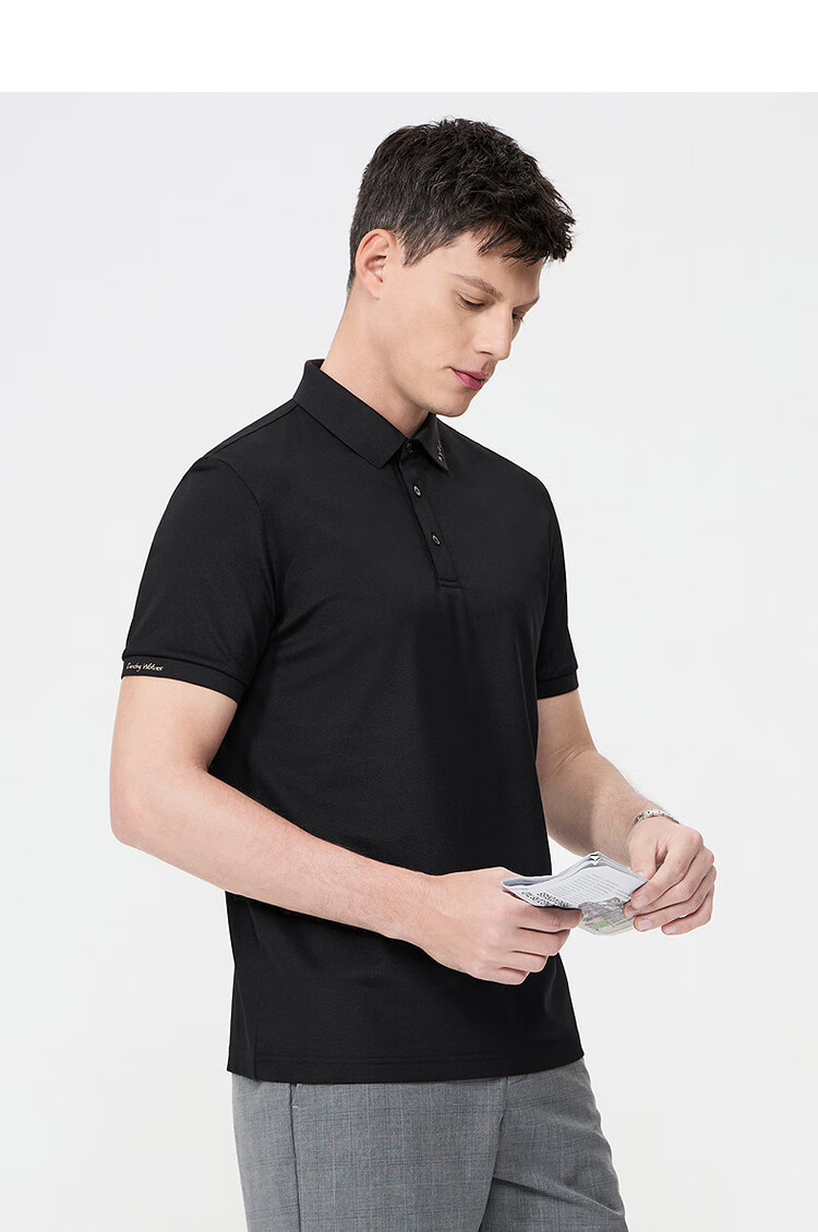 DANCING WOLVES [Instant Cooling Sensation & 7A Antibacterial] Skin-Friendly Mulberry Silk Short-Sleeve POLO Shirt for Men, 001 Black, M(170) 6