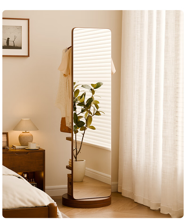 JIAYI Solid Wood Full-Length Mirror, Floor-Standing Rotating Dressing Mirror with Clothes Rack, Integrated Fitting Mirror for Home Bedroom Storage Floor Mirror 1
