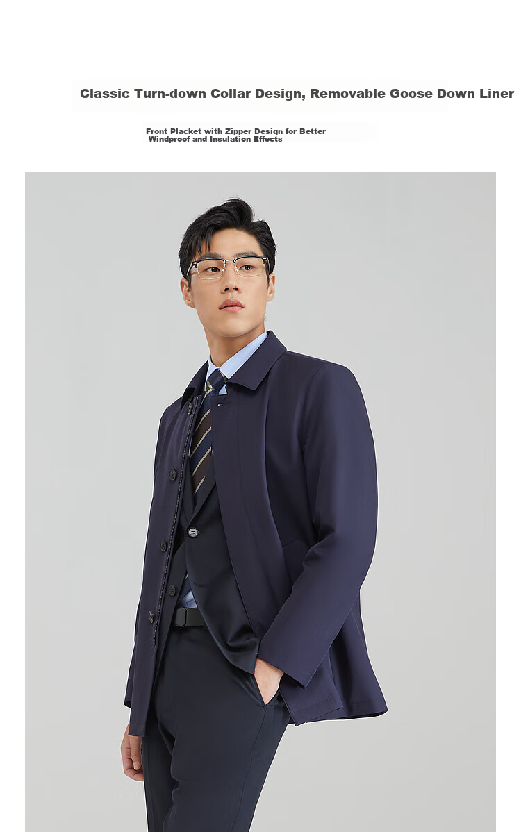 YOUNGOR [Detachable Goose Down Inner Lining] 2026 New Warm Business Style Coat, Navy Blue, XL (180/100A) 3
