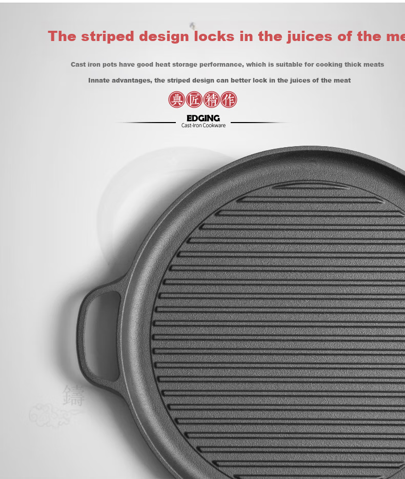 Dianjiang Cast Iron Steak Griddle, Large Size Professional Striped Steak Pan, Flat Bottom Frying Pan, Uncoated Thickened Barbecue Plate, 30cm 4
