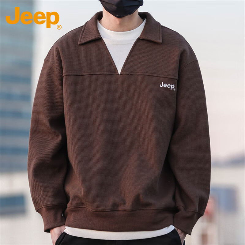 JEEP Men's Spring Autumn Vintage Waffle Knit Polo Shirt Loose Fit Base Layer Dark Coffee L