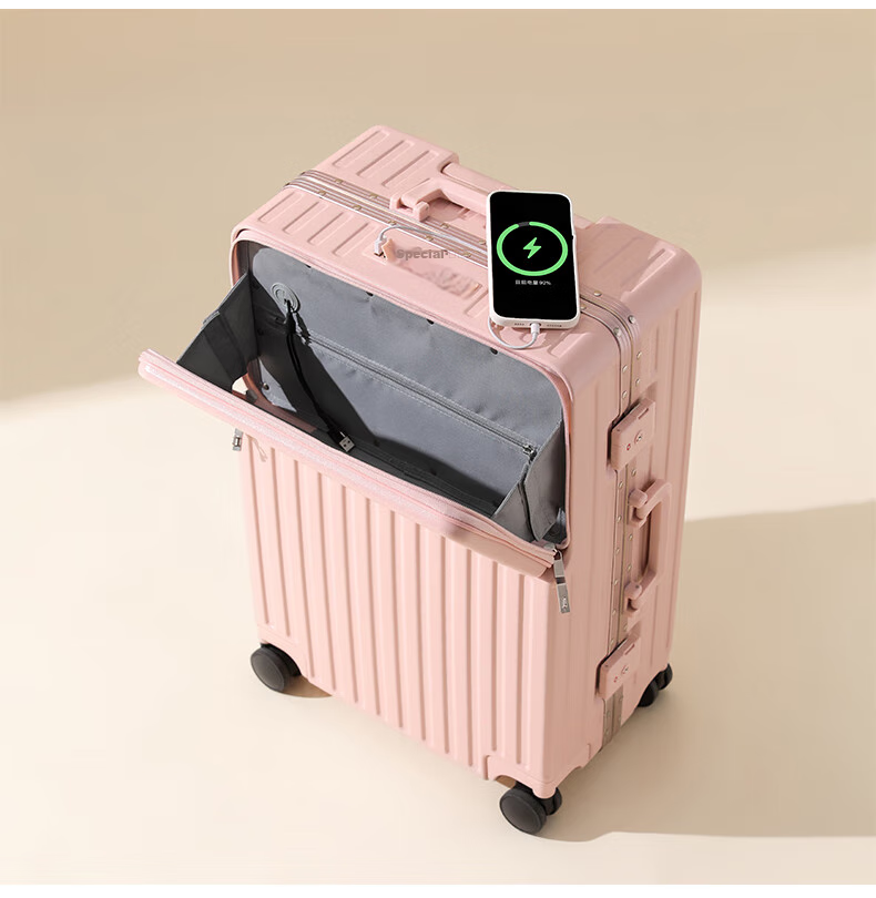 DULA Aluminum Frame Front-Opening Cup Holder Luggage Suitcase with USB Charging Port, Password Lock, Moonlight White, 24 Inches 4