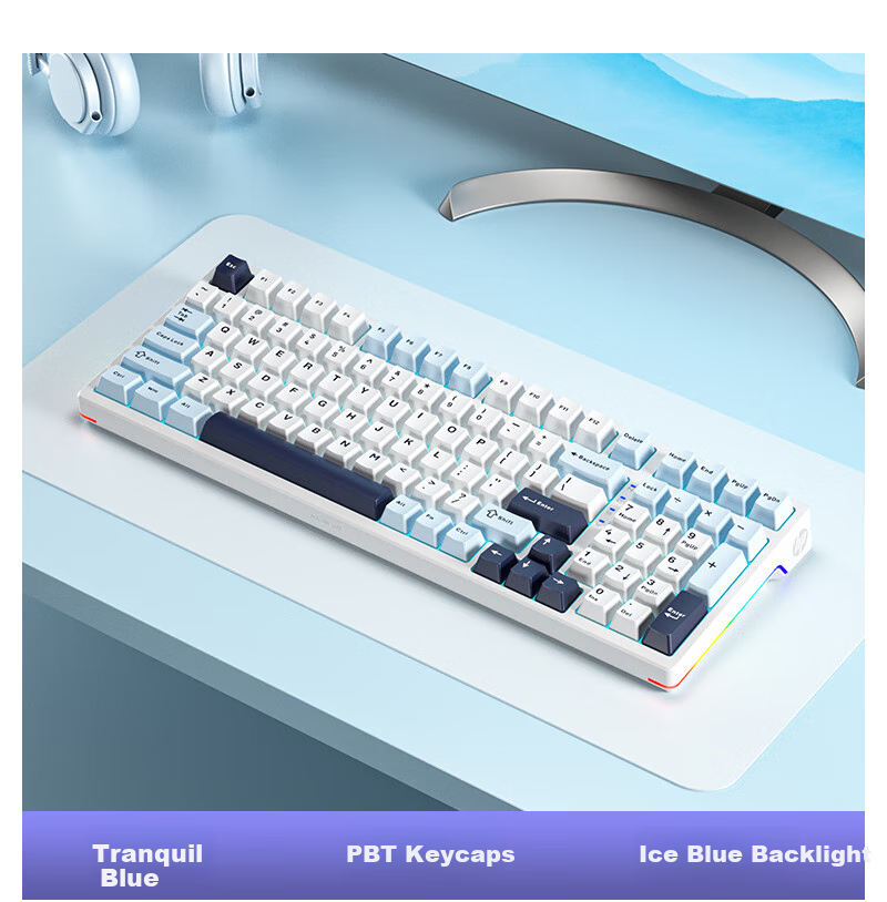 HP GK100 Wired Backlit Mechanical Keyboard 104-Key Full-Size Gaming Office Ergonomic Computer Peripheral Side-Printed White Light Blue Switch 11