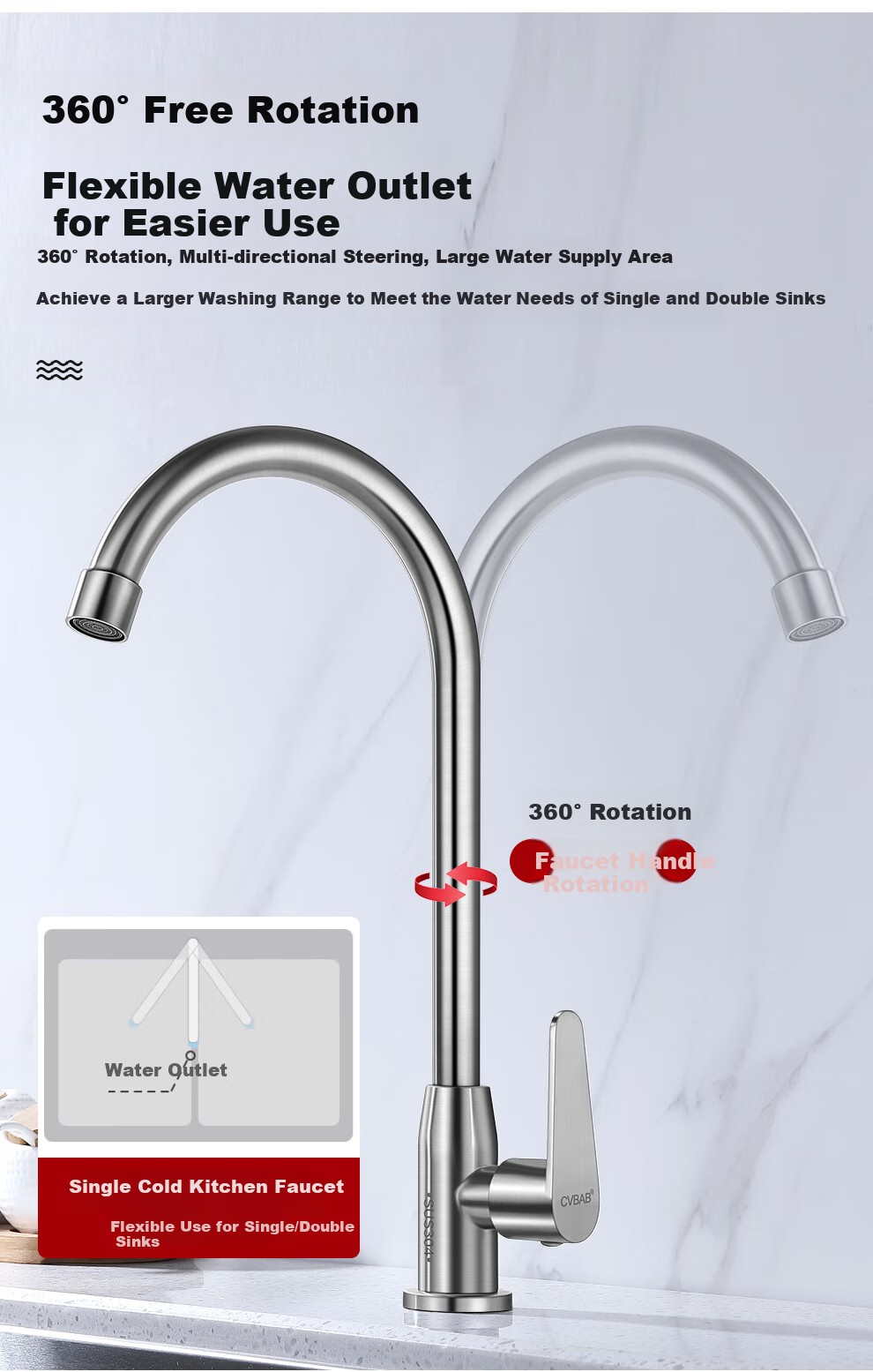 CVBAB Kitchen Single Cold Water Tap, Household Vegetable Washing Sink Faucet, 304 Stainless Steel Rotating Single Cold Tap, CV1365 5