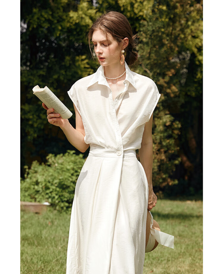 Olrain Eurielle Vintage Shirt-Style Raglan Sleeve Waist-Cinched Dress with Flared Skirt Women Beige L 14