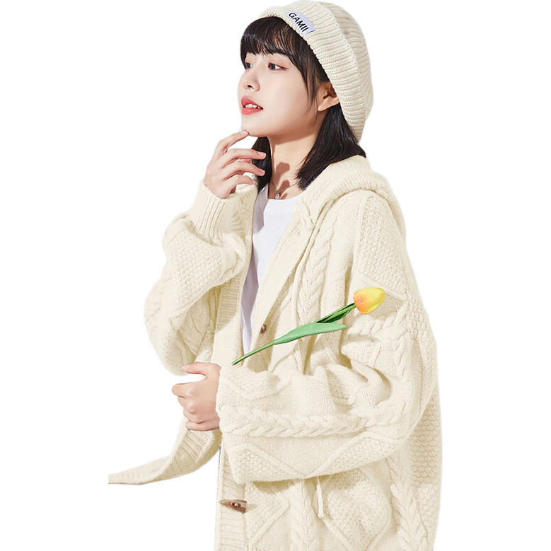 TonLion 2024 Women's Sweater Cardigan Knit Loose Hooded Top Light Beige Apricot Size L Batch 3