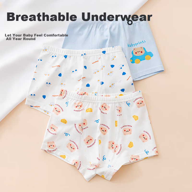 Babyprints Children's Underwear, 3-Pack Boys' Boxer Briefs, Youth Student Shorts, Mid to Big Kids' Underpants, Size 160