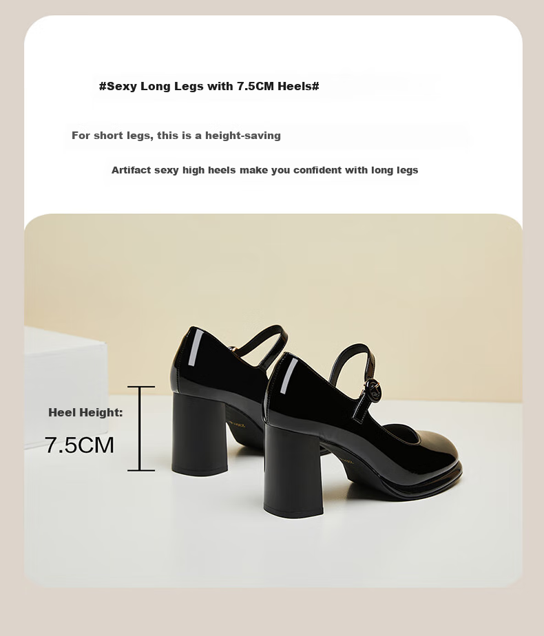 DAPHNE French Chunky Heel Mary Jane Women's Shoes, Square Toe Elegant High Heels, Ankle Strap Pumps 4623101161 Black 35 7