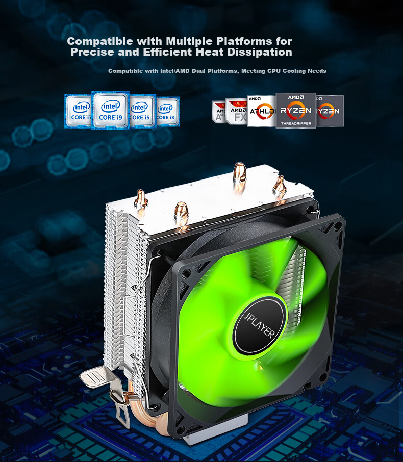 JPLAYER 2 Copper Tube 9cm Non-Glazed Fan CPU Cooling Radiator, Noise-Reducing Fan (AMD/Intel Multi-Platform/Silicon Gel Included) 5