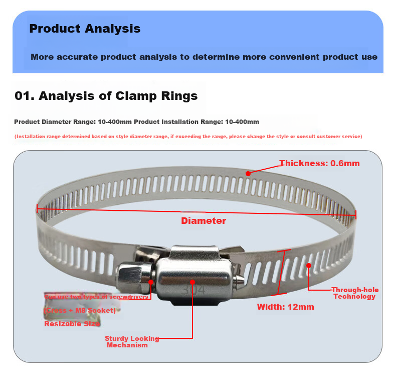 Minhongshi Surveillance Clamp Bracket, Full Steel Clamp, Electrical Pole Clamp Pipe, 304 Stainless Steel Hose Clamp, Stainless Steel Clamp Ring, Diameter 400MM 3