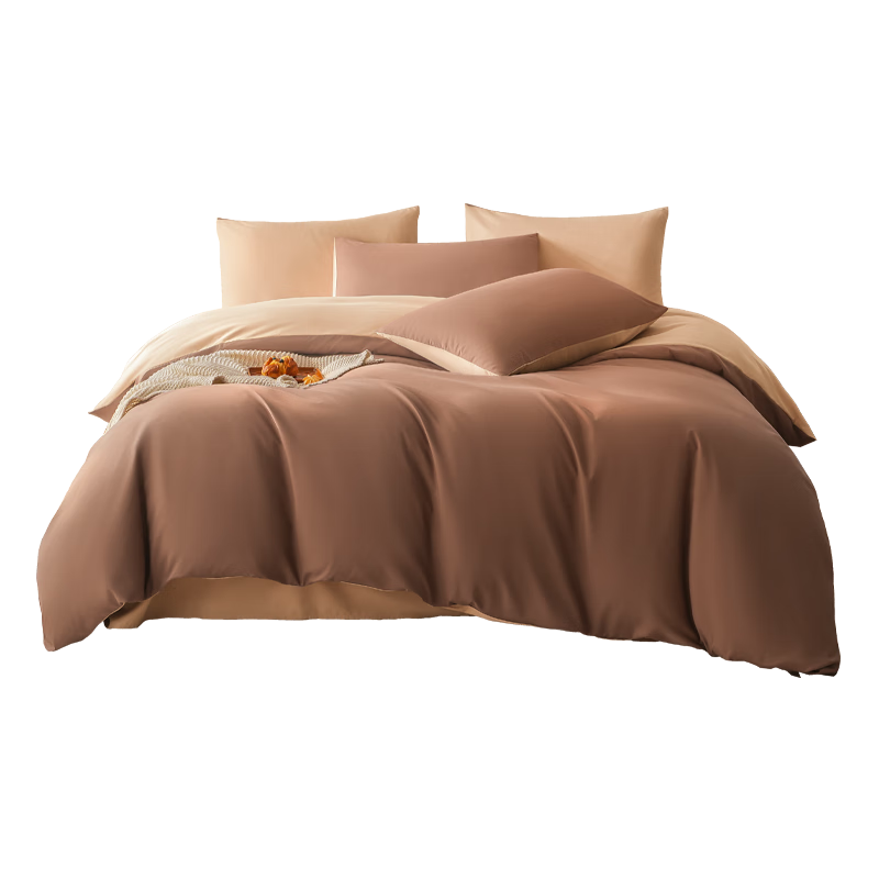 JD Original Soft Brushed Four-Piece Bedding Set, 120g Soft Brushed Spring And Summer Durable Class A Double Bed Linen Set with Bed Sheet, Duvet Cover, Pillowcases, 1.5m Milk Tea Brow