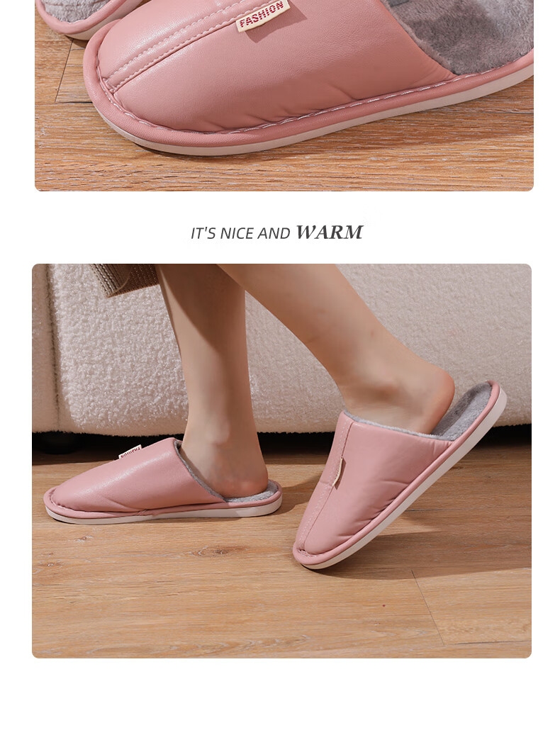 FOOTOPPO PU Leather Slippers for Men, Cotton Slippers for Winter, Thick-Soled Non-Slip Warm Furry Slippers, Soft-Soled Men's Home Shoes, Waterproof Cotton Slippers for Wome 11