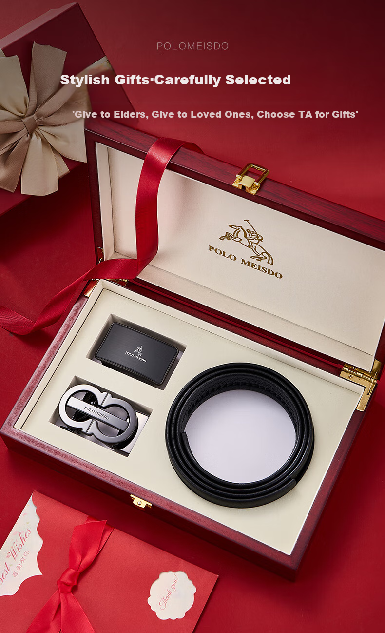 POLOMEISDO Men's Genuine Leather Belt with Automatic Buckle, Double-Buckle Gift Box, Self-Operated Birthday Present for Boyfriend, Husband, Father 1