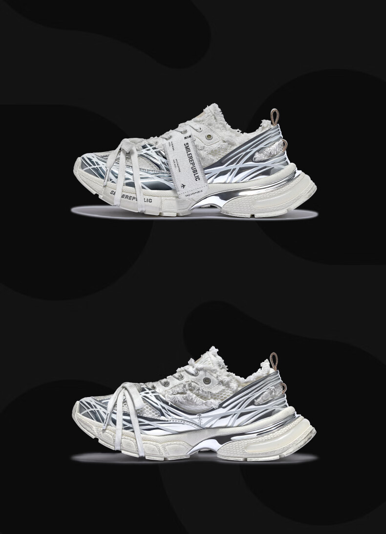 Smilerepublic SKYLINE Silver-White Vintage Series Mesh Handmade Dad Shoes, Height-Increasing Versatile, Silver without Vintage Treatment, Size 39 12