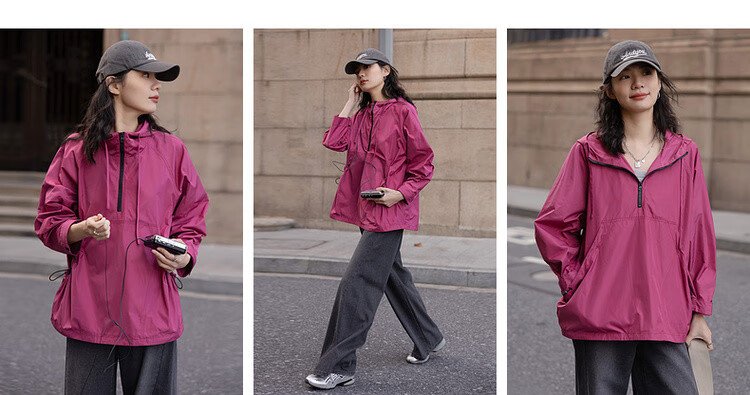 Demana [Weekend City] Spring Urban Outdoor Nylon Hooded Colorblock Drawstring Pocket Mid-Length Coat for Women 1
