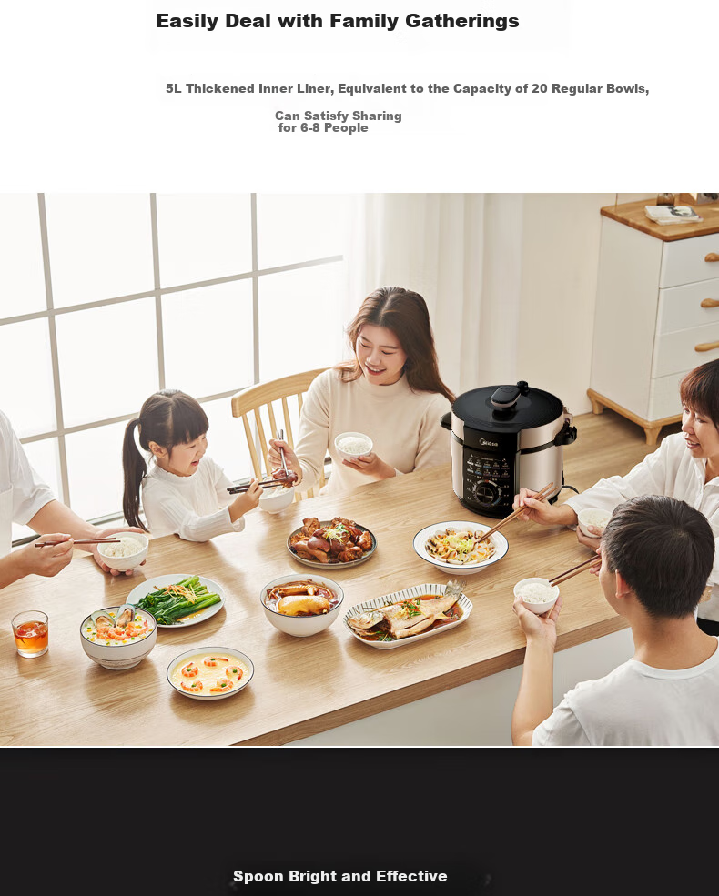 Midea Electric Pressure Cooker, Home Use 5L Double Pot, Large Capacity Multifunctional Rice Cooker, One-Button Air Release, Mechanical Control Electric High Pressure Cooker 5