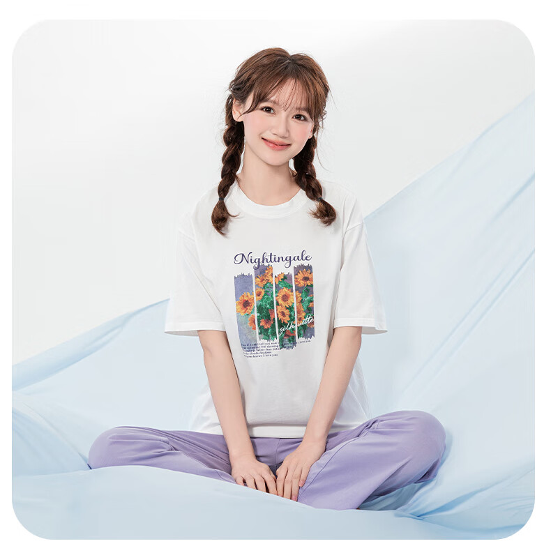 Inbolun Girls Summer Thin Short Sleeve Pajama Set for Older Children, High School Students, Homewear 20960 Off-White 175 21