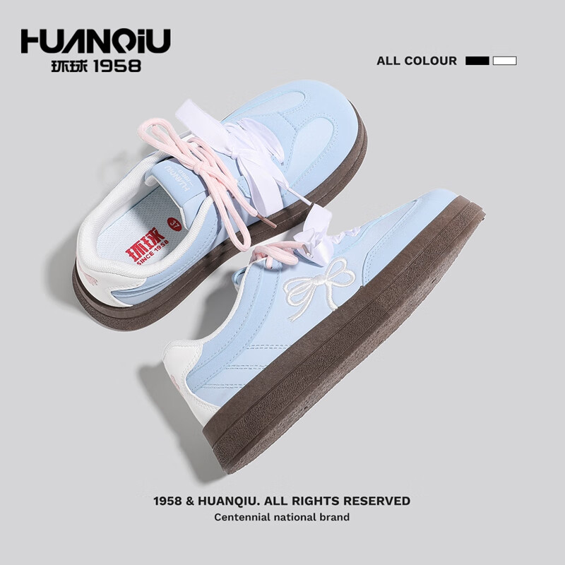 Global Bowknot White Shoes Women 2026 Spring New Versatile Puff Shoes Casual Sneakers Sports Shoes Blue Size 37