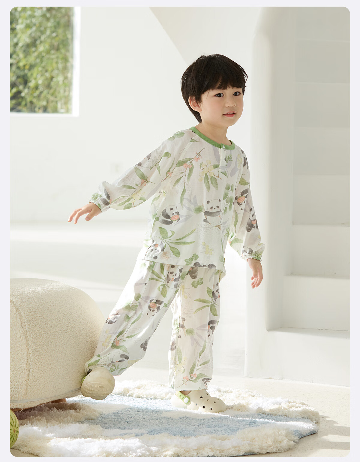 WELLBER Kids Pajamas Homewear Boys Girls Bamboo Cotton Gauze Two-Piece Set Sakura Bunny 3/4 Sleeve Size 90 1