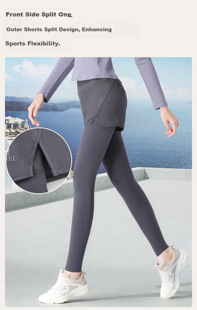 CAMEL Fleece-Lined Faux Two-Piece Fitness Pants for Women, High-Waisted Tight Running Trousers Y24CA4L0612 Phantom Black S 9