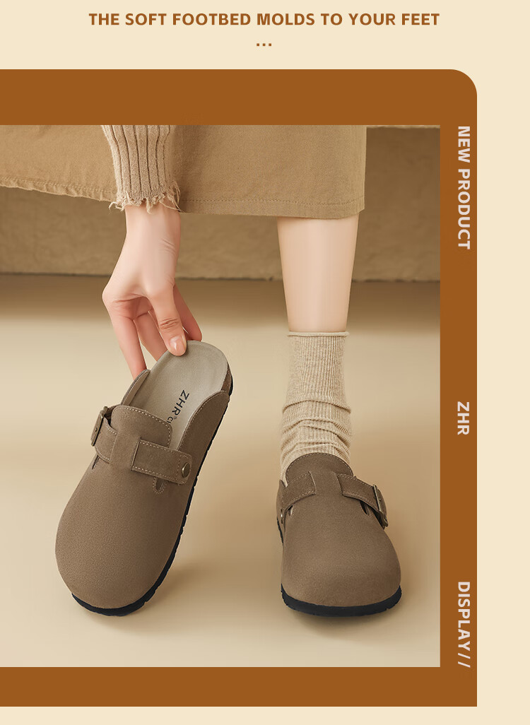 ZHR Women's Slippers, Retro Suede Cowhide Birkenstock-Style Shoes, Soft-Soled Outdoor Wear, Closed-Toe Slippers for Women, JQ03, Sand Color, Size 35 17