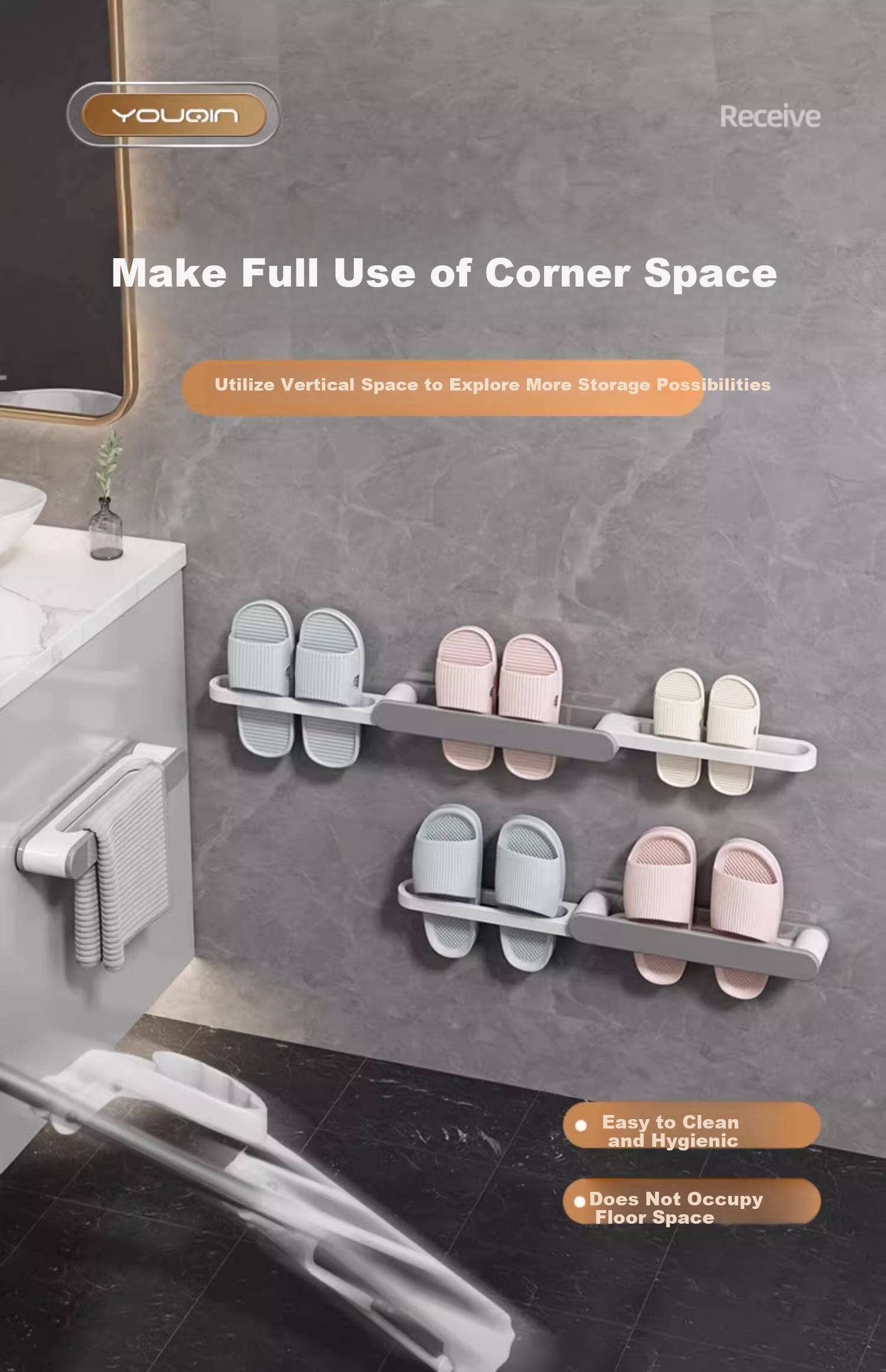 YOUQIN Bathroom Slipper Rack, No Drilling Required, Shoe Storage Organizer, Bathroom Storage Shelf, Door-Back Hanging Rack, Wall-Mounted Water-Draining Shoe Rack 8