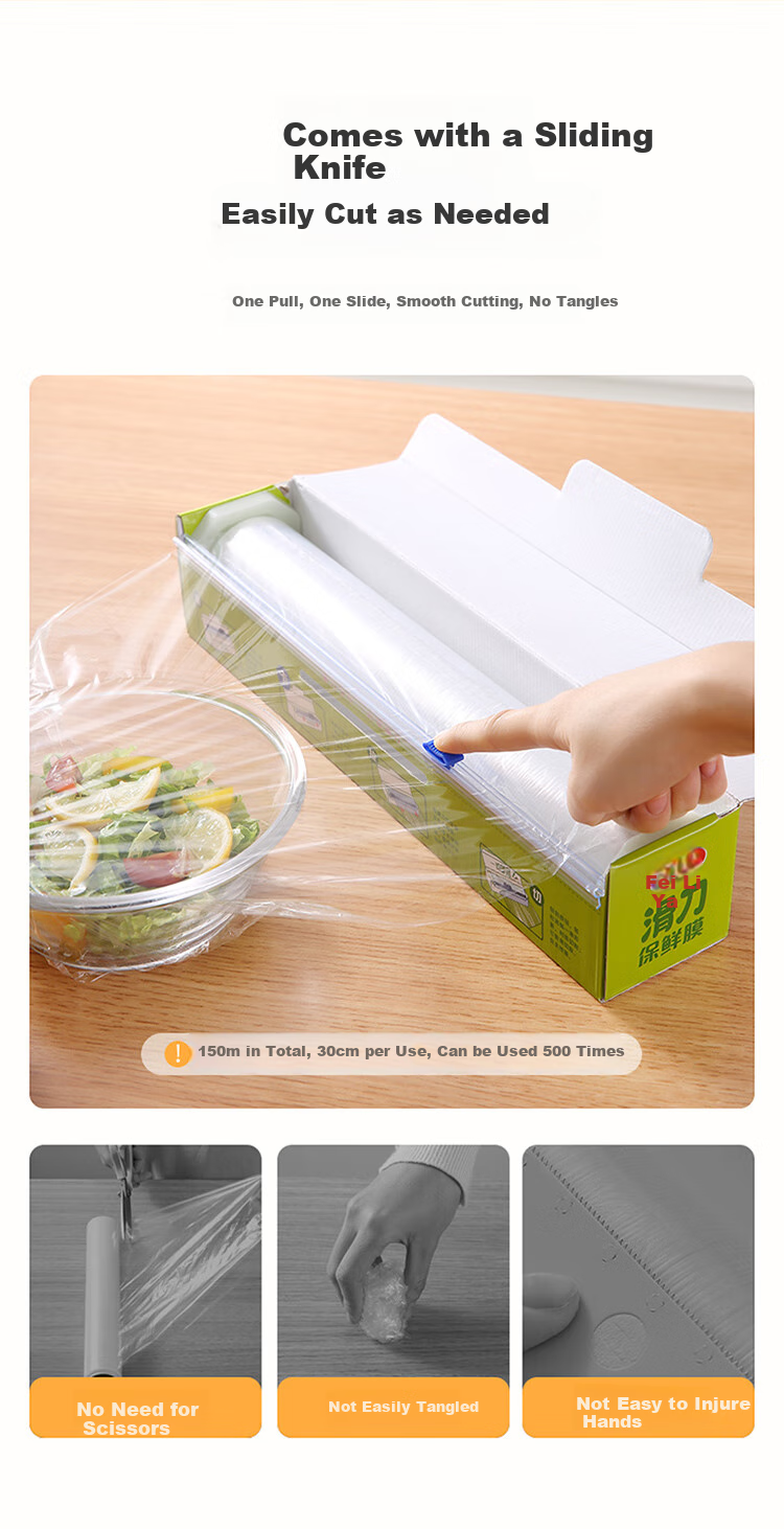 MARYYA Food-Grade Cling Film Large Size 150m*30cm Microwave-Safe High-Temperature Resistant with Built-In Cutting Blade 4