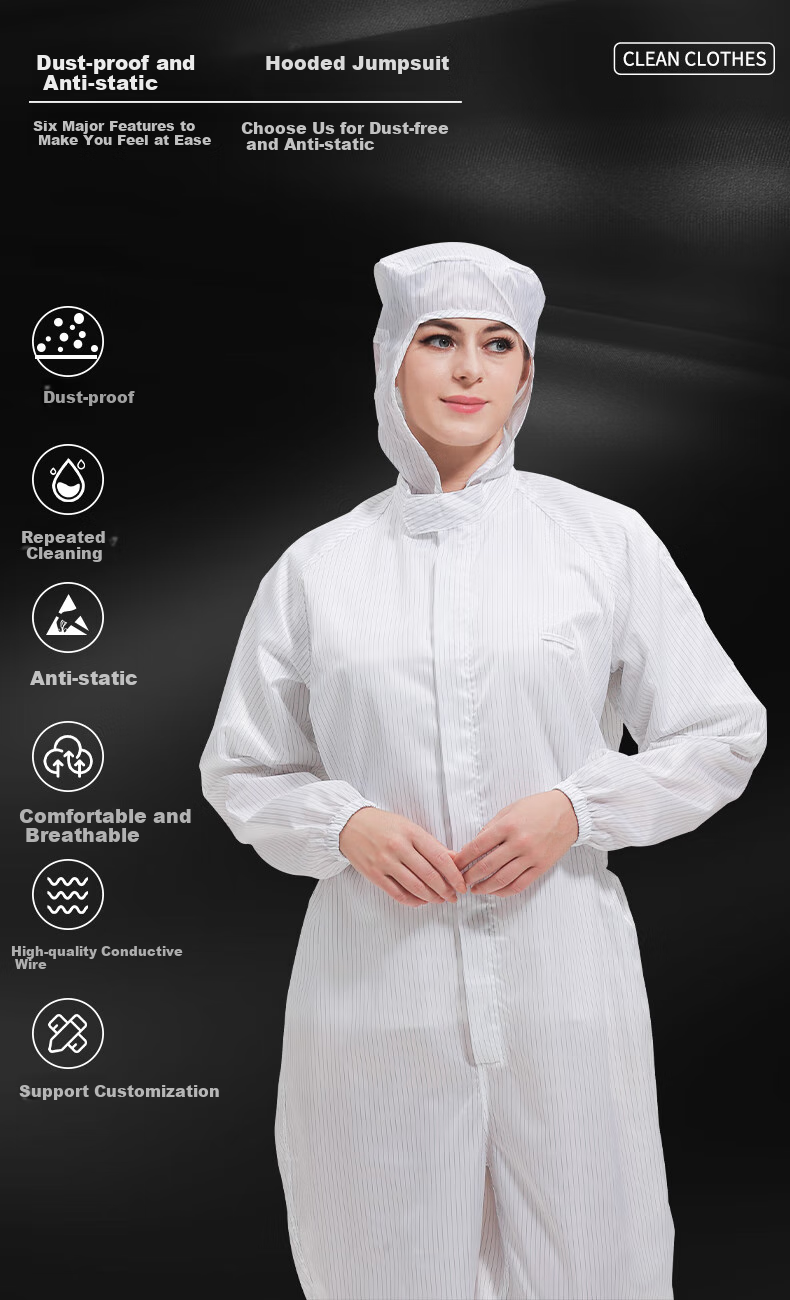 WK Cleanroom Suit, Dust-Proof Suit, Anti-Static Workwear, Clean Room Garment, Striped Hooded Three-Piece Suit, White, XL, Customizable 1