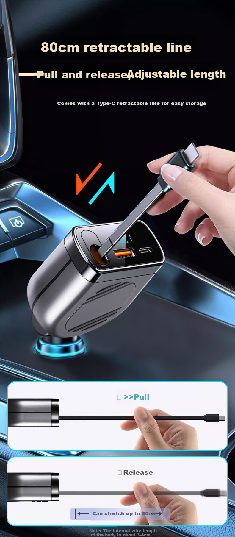 HYIOAV Retractable Cable Car Charger, 90W Super Fast Charging, One-To Car Digital Display Charger, Cigarette Lighter Adapter 2