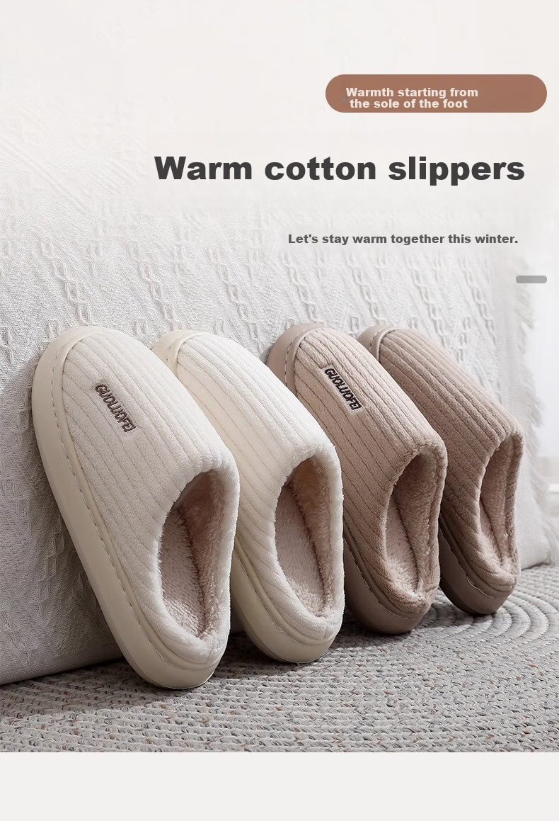 GUOLUOFEI Striped Cotton Slippers for Men And Women, Couples' Indoor Non-Slip Plush Warm Thick-Soled Slippers, Khaki, Size 36-37 1