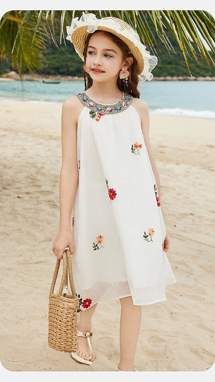 ASK JUNIOR Girls Summer Dress Lightweight Embroidered Sleeveless Dress Beach Vacation Children's Dress White 2