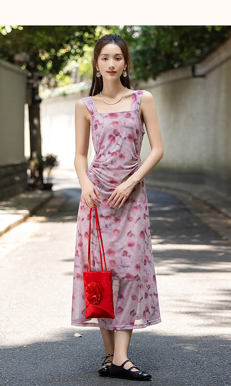 Dme [Xiao Xing Gan Da Ji Skirt] Summer Sleeveless Pleated Mesh Printed Tank Top Skirt, Waist-Cinching A-Line Dress 11