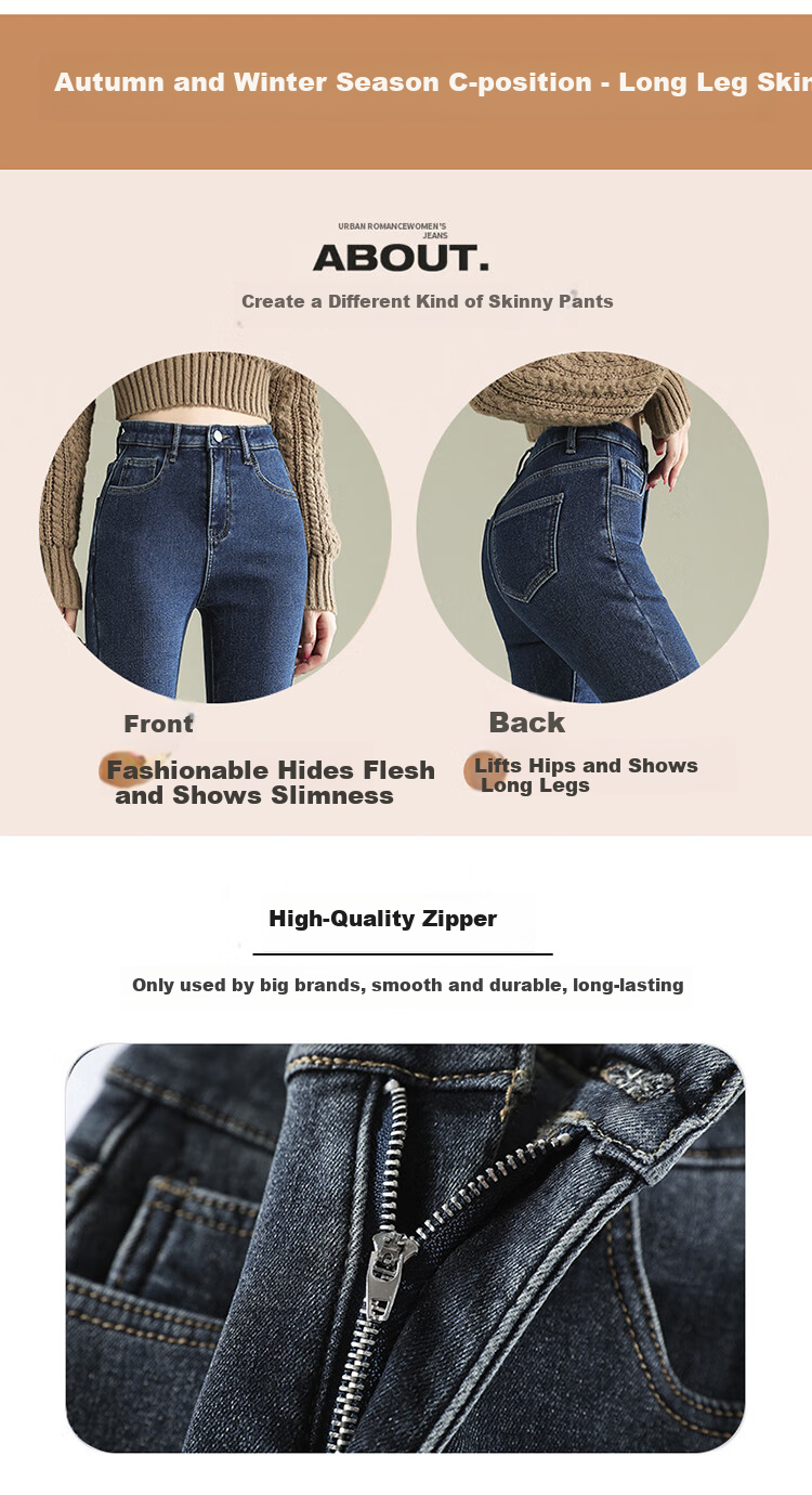 Jeanswest Women's Skinny Jeans, Fleece-Lined for Winter 2025, Warm High-Waist Elastic Slim-Fit Pants, Blue-Gray with Fleece Lining, Size 26 3
