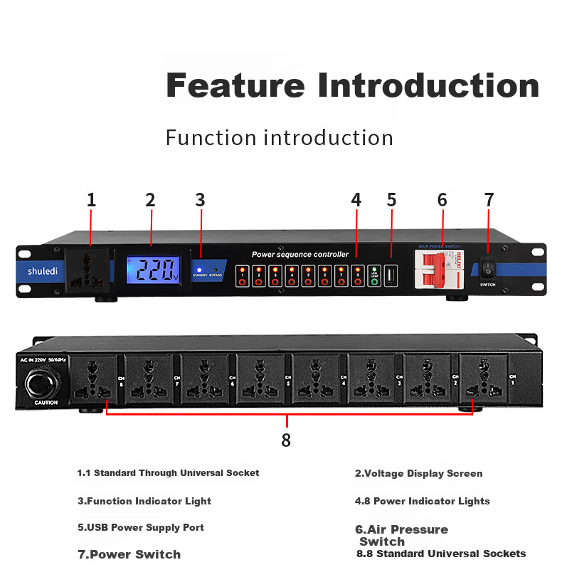Shuledi D-20 Domestic Professional 8-Channel Power Sequencer with Filter, Independent Power Manager with Switch, Voltage Display, Stage Power Protector Controller for Meetings And KTV Audio Systems 15