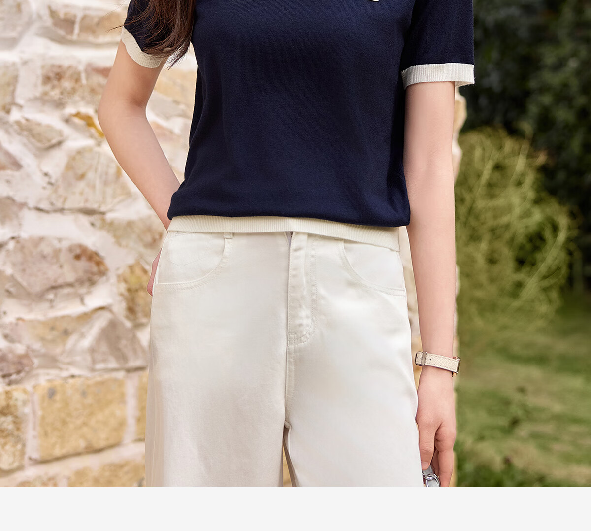 Chushen Summer Short-Sleeve T-Shirt for Women, Fashionable Round Neck Classic Contrasting Color Versatile Commuter Casual Knitted T-Shirt S52Z008 3