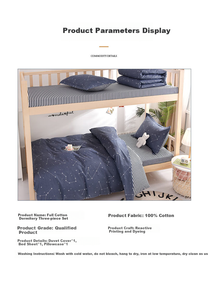 Yunjin Pure Cotton Dormitory Three-Piece Bedding Set for College Students, Single Bed Sheet And Duvet Cover for 0.9/1.2 Meter Beds, Star Patter 17