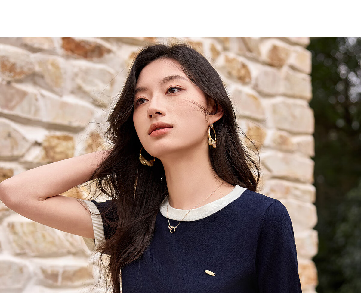 Chushen Summer Short-Sleeve T-Shirt for Women, Fashionable Round Neck Classic Contrasting Color Versatile Commuter Casual Knitted T-Shirt S52Z008 11