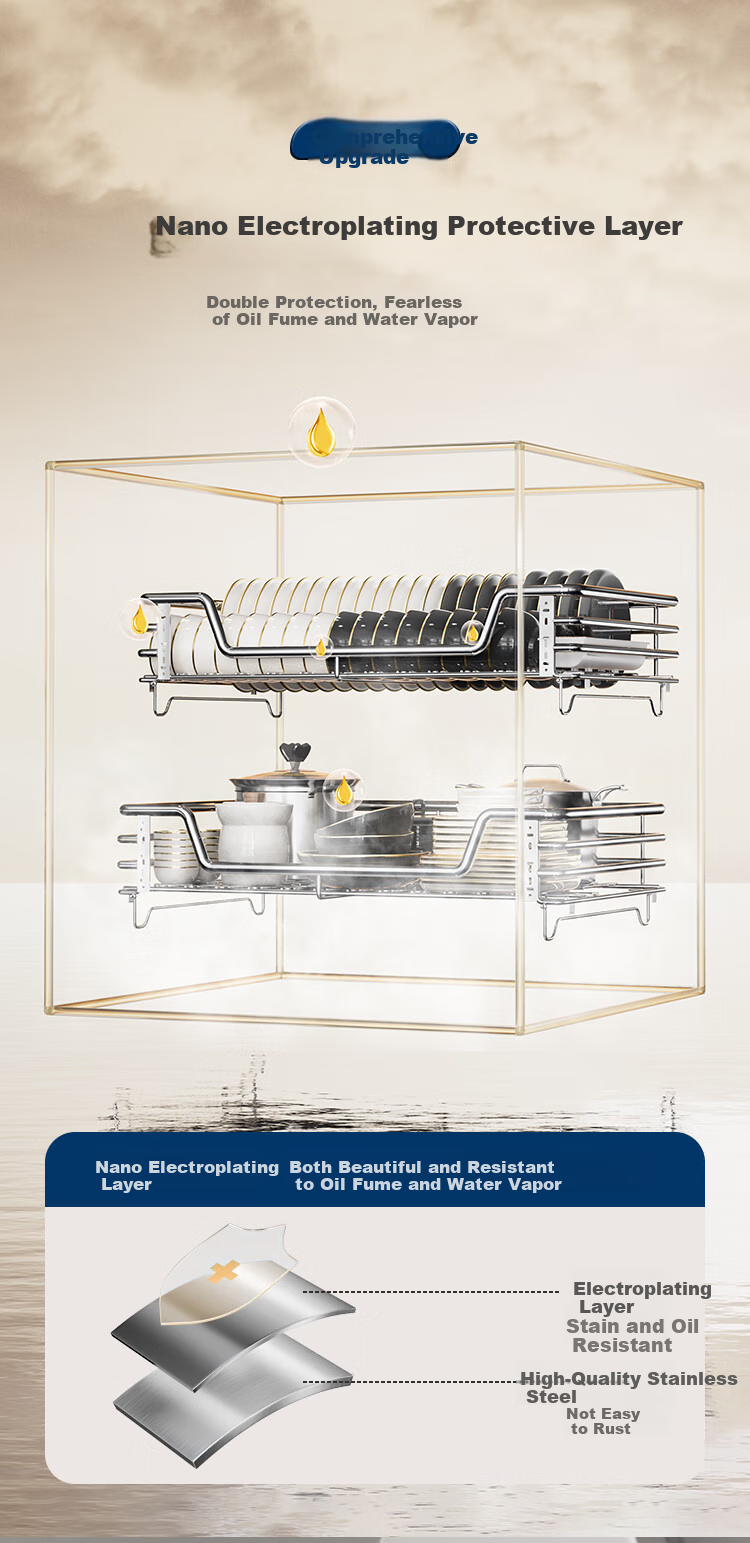 SUPOR Pull-Out Basket Kitchen Cabinet, 304 Stainless Steel Double-Layer Door Drawer-Style Bowl And Dish Pull-Out Tray, Blue Bowl Rack Storage, Thickened Bowl Basket K 6